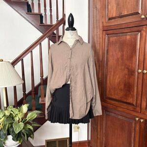 Fashion Nova I'm The Boss Button Down Blouse Brown Tan Long Sleeve NWT